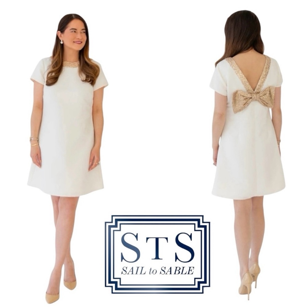 NWT Sail To Sable Allie Dress, White w/ Gold Sequin Bow Back, $248